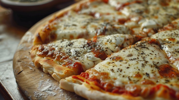 a pizza with cheese and herbs on it sits on a table