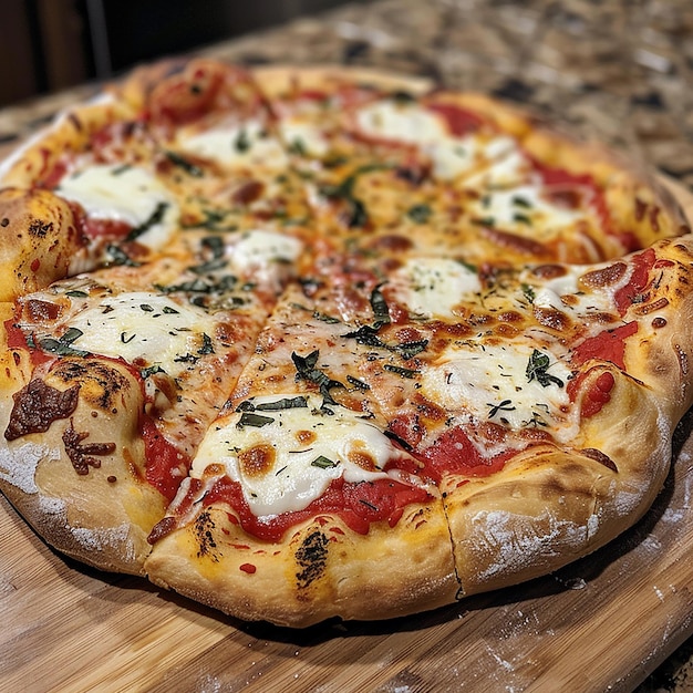 a pizza with cheese and herbs on it sits on a wooden board