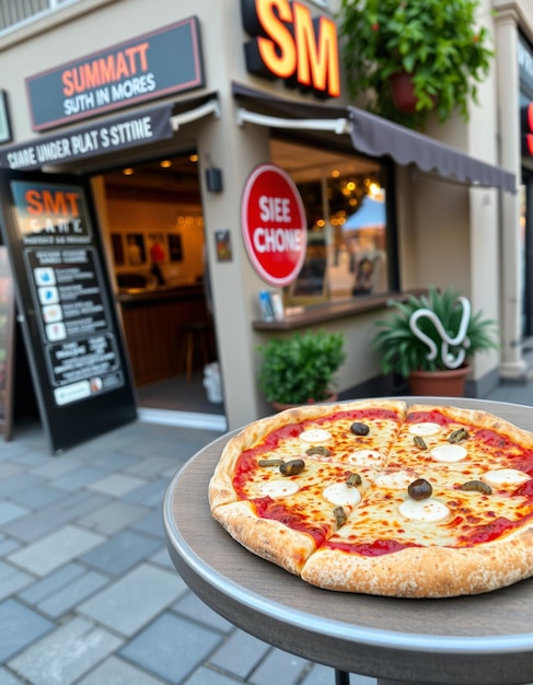 Photo a pizza with cheese and sausage sits on a tray outside a restaurant