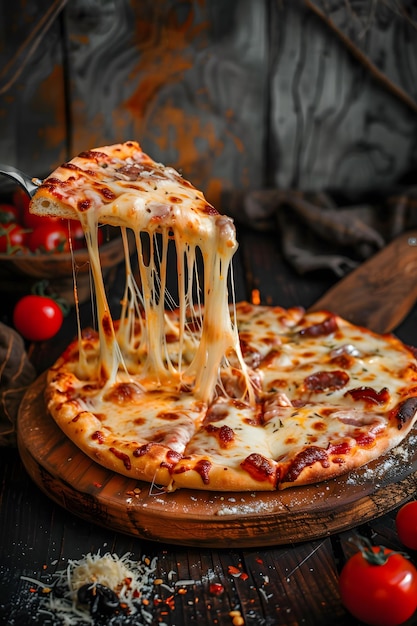 a pizza with cheese and a slice of pizza on a wooden plate