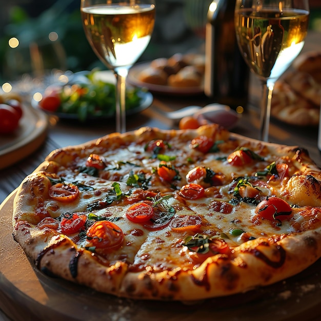 a pizza with cheese and tomatoes on it sits on a table