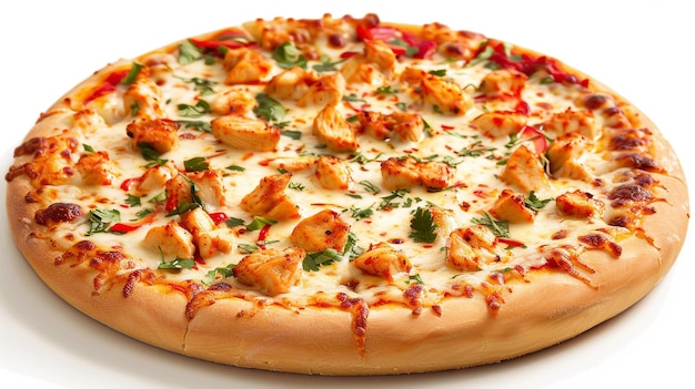 a pizza with chicken and chicken on it sits on a table