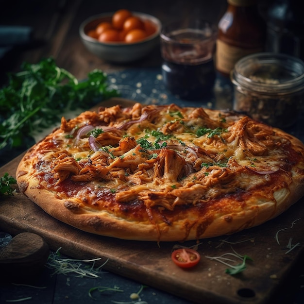 A pizza with chicken on it and a bottle of tomatoes on the side.