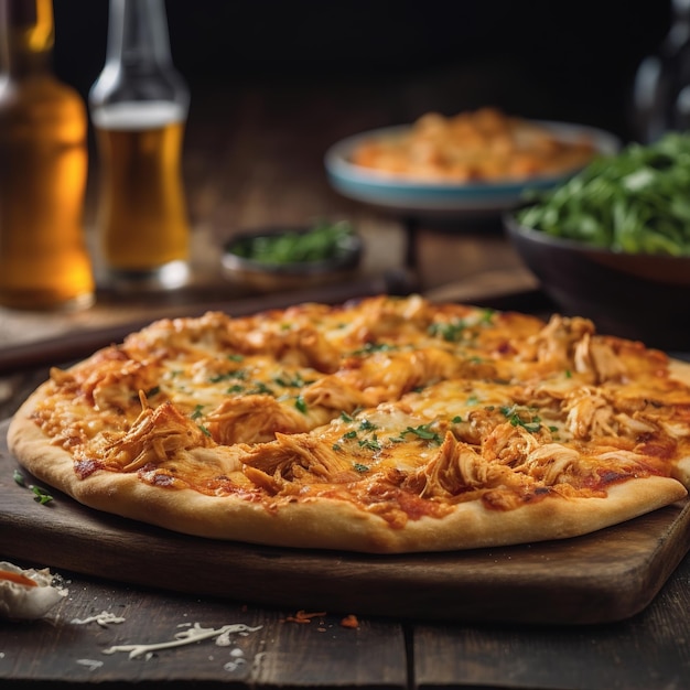 A pizza with chicken on it and a glass of beer on the side.