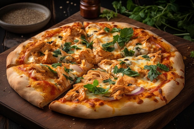 A pizza with chicken and onions on it