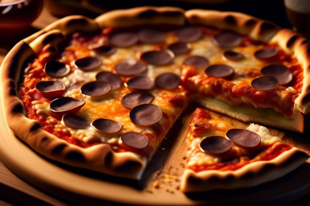 A pizza with chocolate chips on it is shown on a wooden tray.