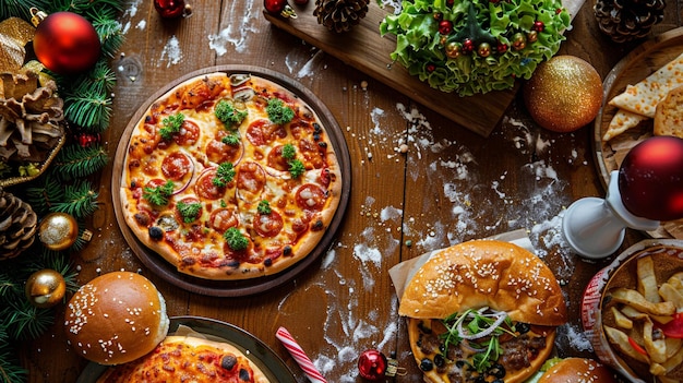 Photo a pizza with a christmas tree on the table