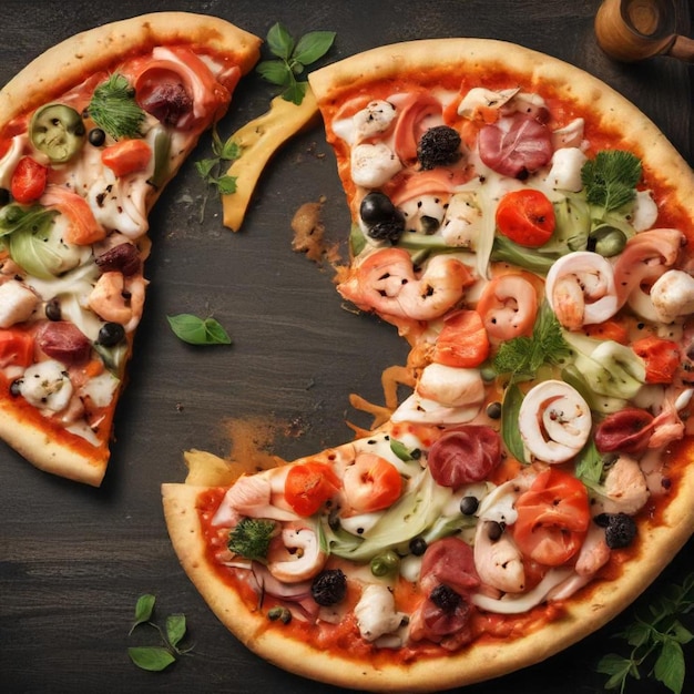 a pizza with different ingredients including shrimp tomatoes and other ingredients