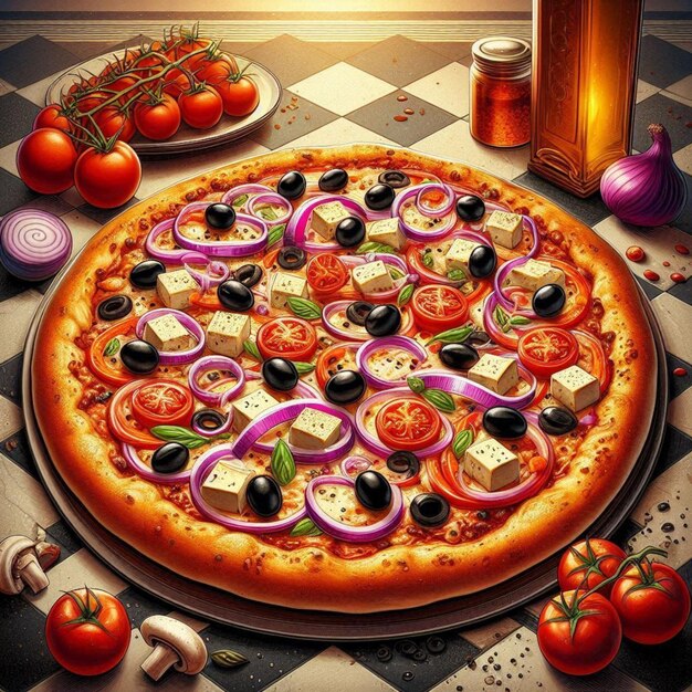 Photo a pizza with different types of vegetables on it