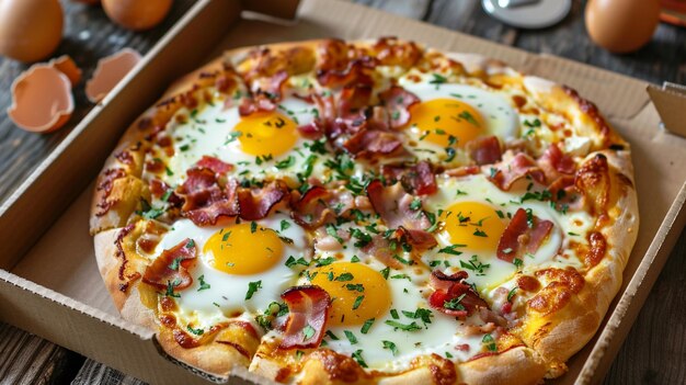 Photo a pizza with eggs bacon and eggs on it