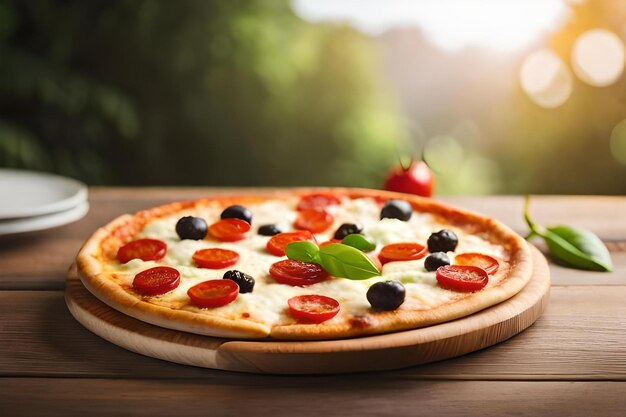 A pizza with fresh tomatoes and olives on a wooden table