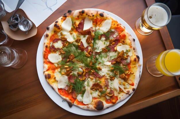 A pizza with a glass of beer next to it