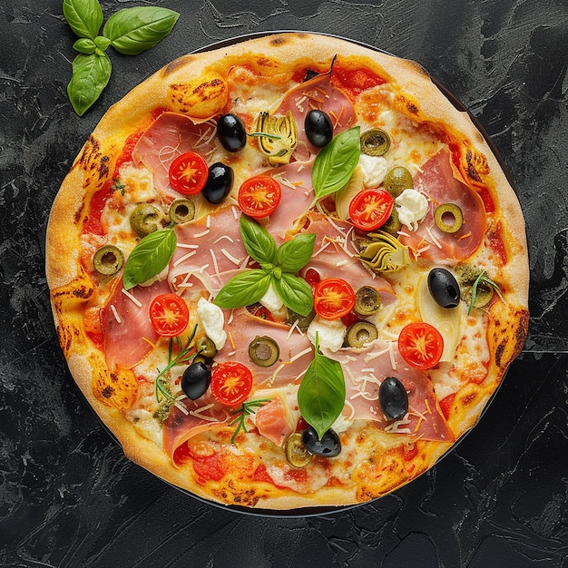 a pizza with a green leaf on it and a green leaf on the top