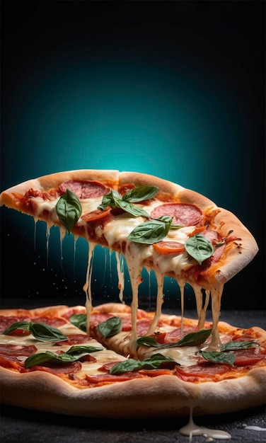 a pizza with green leaves on it and a picture of a pizza with the word quot gourmet quot on it