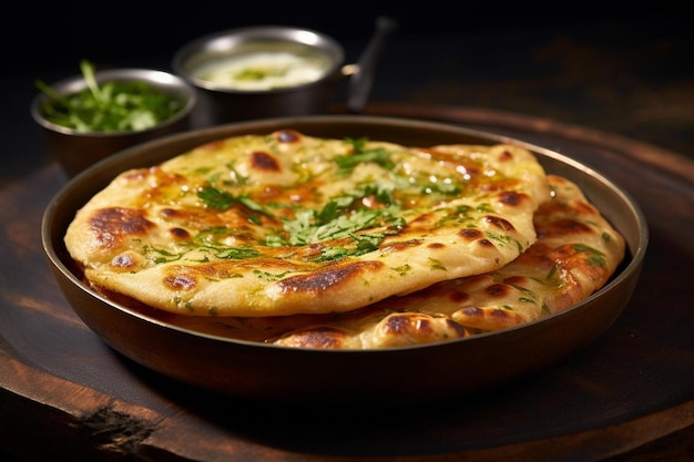 Photo a pizza with a green vegetable on it sits on a table