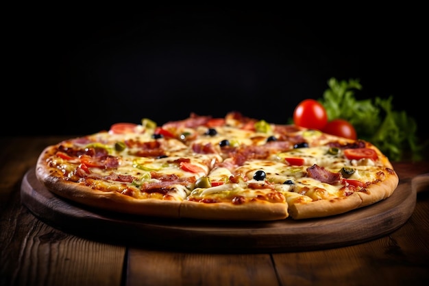 A pizza with ham, cheese, and tomatoes on a wooden table