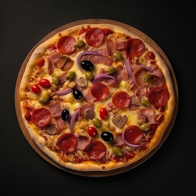 A pizza with ham, olives, and onions on a wooden plate.