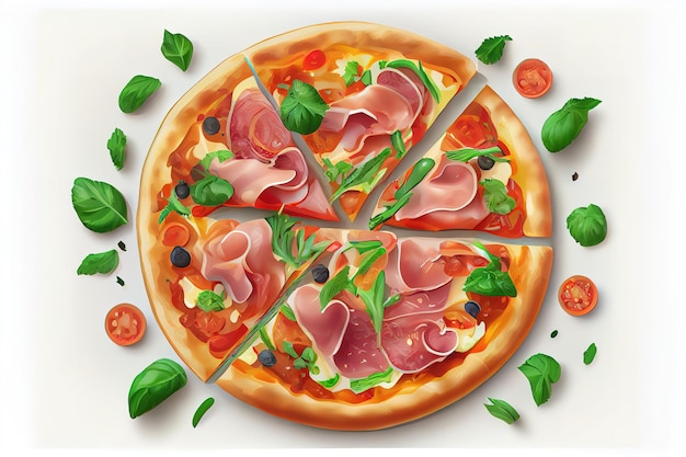 Pizza with ham rucola and vegetables on white background Generative Ai