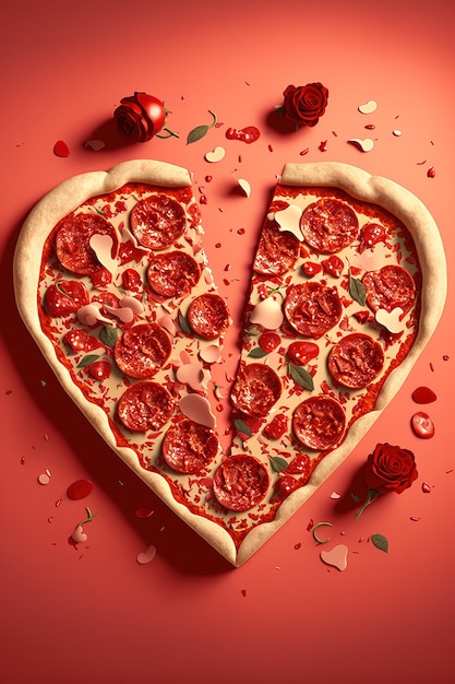 A pizza with a heart shaped slice missing