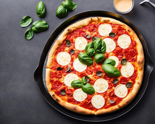 pizza with ingredients on black background, top view