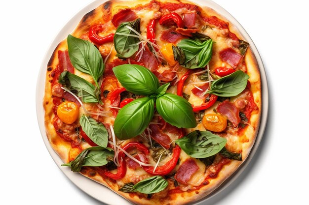 A pizza with a leafy topper and tomatoes on it