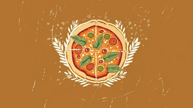 A pizza with a leafy topping is shown on a brown background