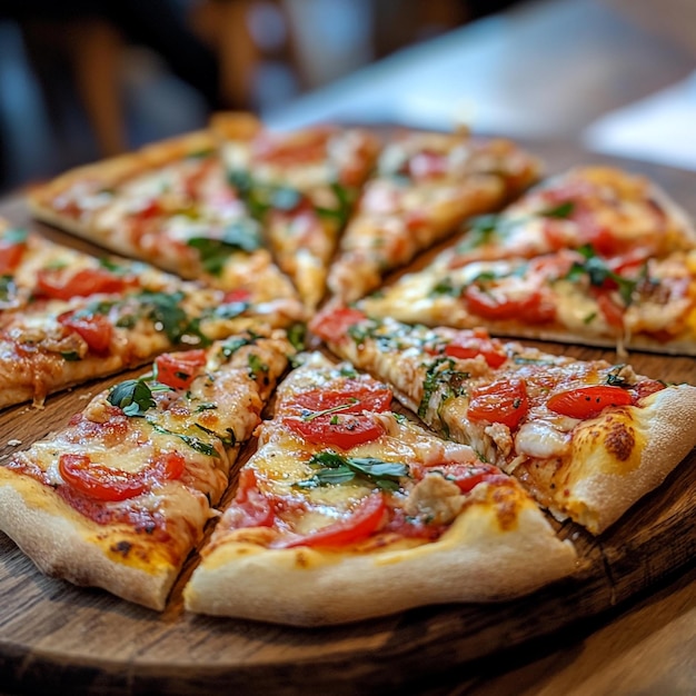 a pizza with many toppings on it and a slice of pizza on the plate