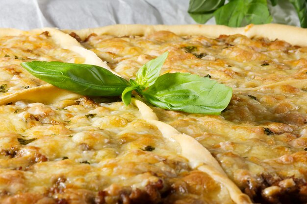 Pizza with meat,Basil,Bolognese sauce