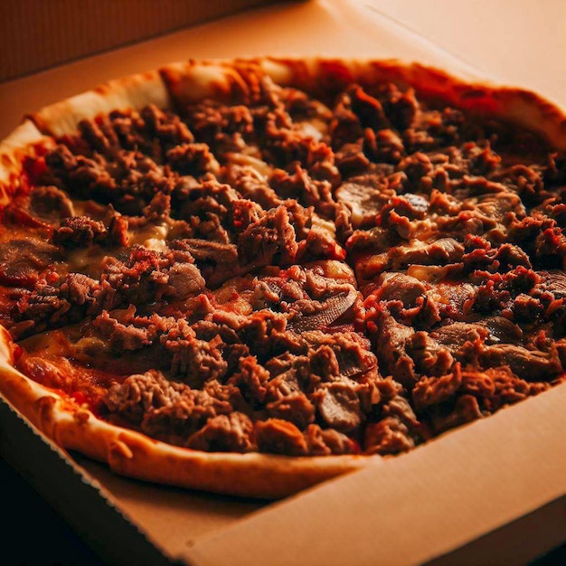 A pizza with meat on it is in a box.