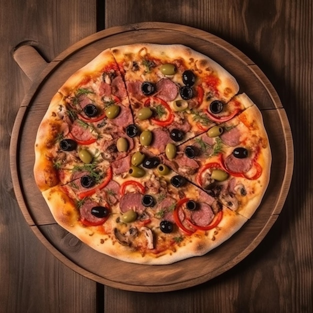 A pizza with meat, olives, and olives on a wooden tray.