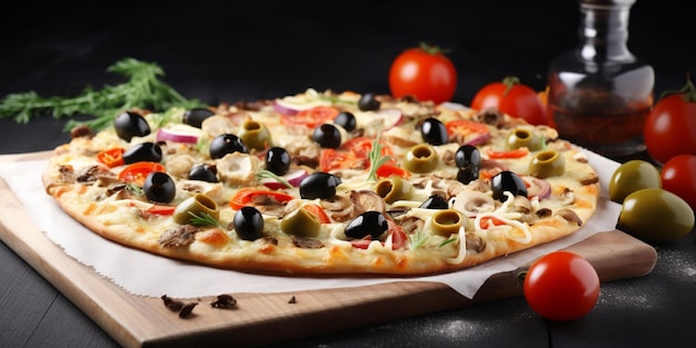 A pizza with meat, olives, and tomatoes on a wooden cutting board.