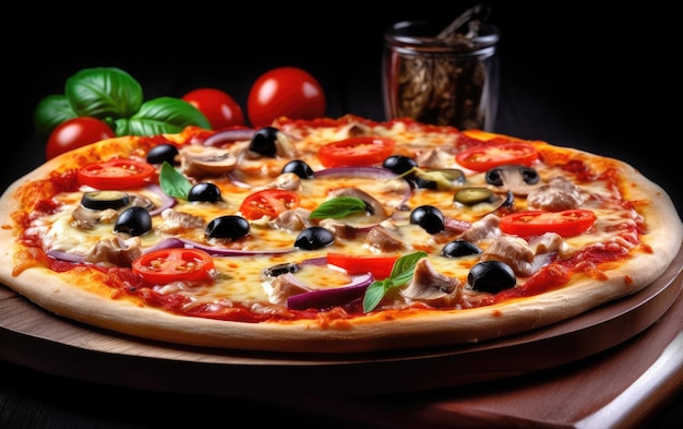 A pizza with meat, vegetables, and cheese on a wooden table.