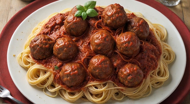 Photo a pizza with meatballs on it and a plate of spaghetti