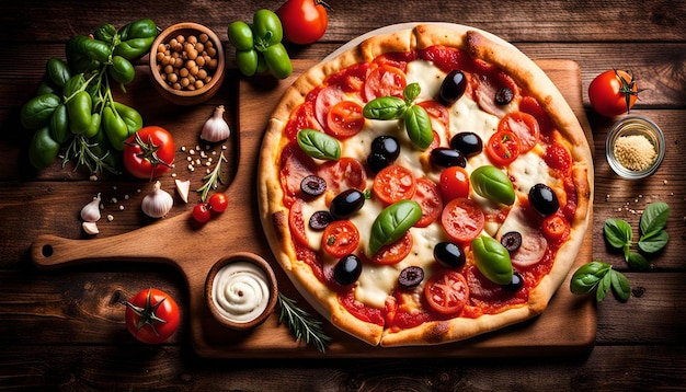 Pizza with mixed ingredients on a wooden