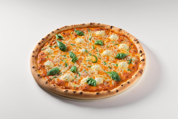 A pizza with mozzarella and basil on it