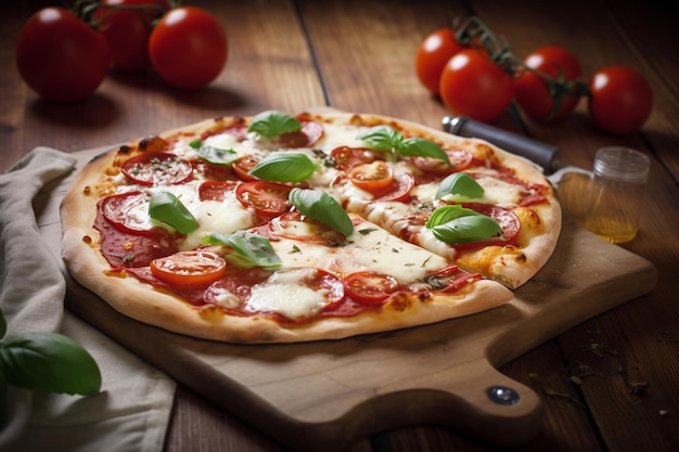 A pizza with mozzarella and basil on a wooden board