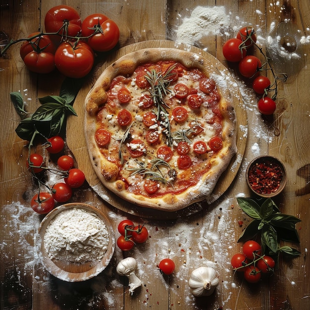 Pizza with mozzarella cheese cherry tomatoes and basil on wooden table