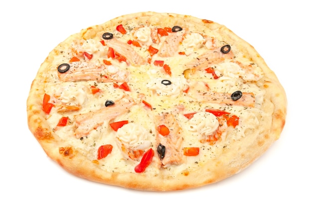 Pizza. With mozzarella cheese, salmon fillet, Tiger shrimp, tomato slices, olives, cream cheese. White background. Isolated. Close-up.