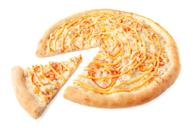 Pizza. With mozzarella cheese, seasoned chicken fillet, tomato slices, cheese sauce. A piece is cut off from pizza. White background. Isolated. Close-up.