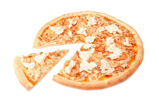 Pizza With mozzarella cheese smoked chicken fillet sliced tomato Beijing cabbage and Caesar dressing A piece is cut from pizza White background Isolated Closeup