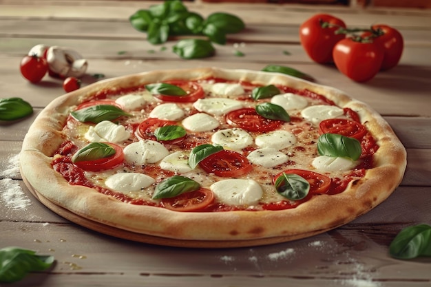 Pizza with Mozzarella Cheese Tomatoes and Basil on a Wooden Table Perfect for a Restaurant