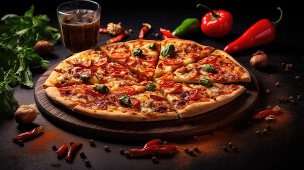 Pizza with mozzarella cheese tomatoes and onion on dark background