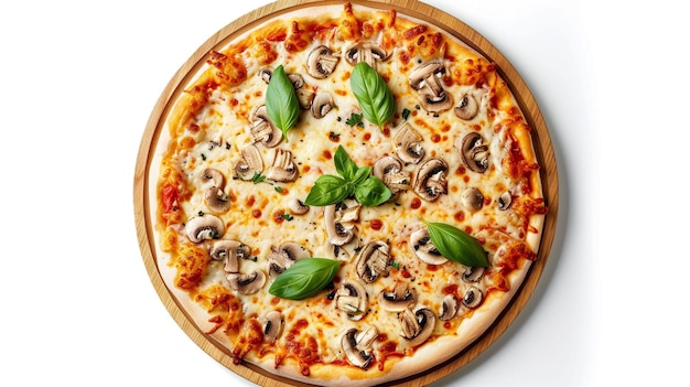 a pizza with mushrooms and basil on it is on a table