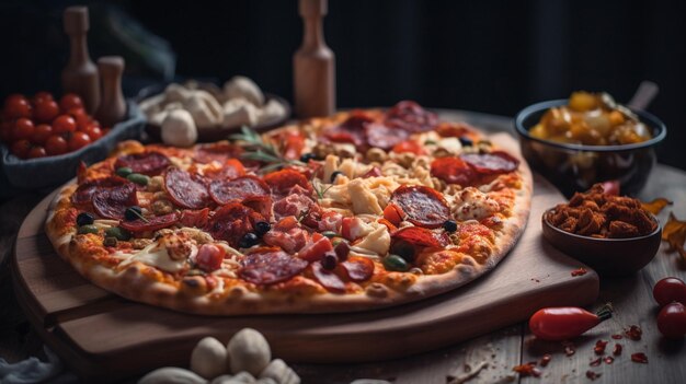 A pizza with mushrooms and mushrooms on a wooden table