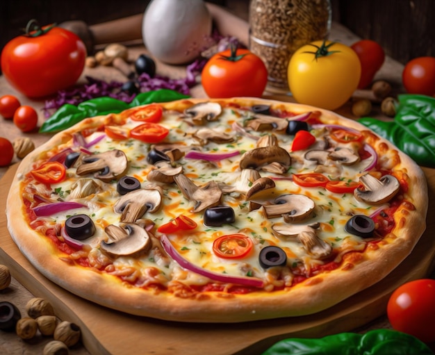 A pizza with mushrooms, olives, and mushrooms on it.