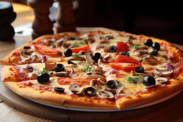 A pizza with mushrooms, olives, and tomatoes on a plate.