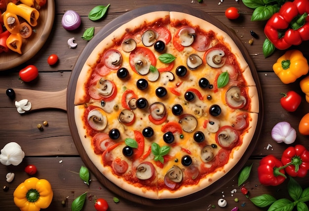 a pizza with mushrooms tomatoes and mushrooms on a wooden surface