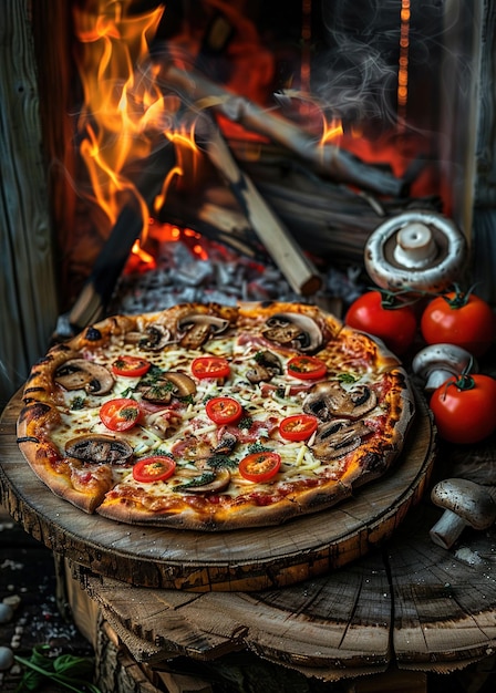 a pizza with mushrooms and tomatoes on a wooden tray next to a fire