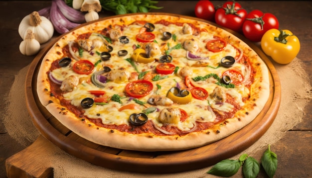 A pizza with olives and mushrooms on it