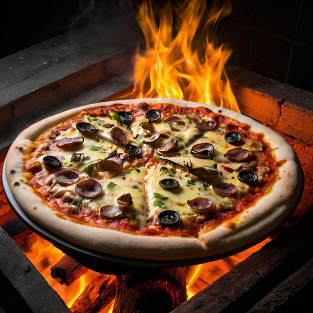 Photo a pizza with olives and olives is cooking in a fire pit